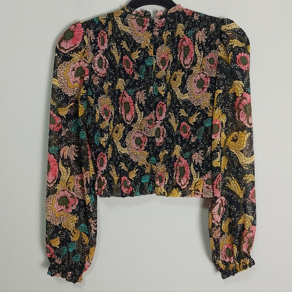 Aritzia Wilfred Lilith Floral Blouse XS Smocked Sheer Long Sleeve Ruffled Edges - Picture 7 of 9